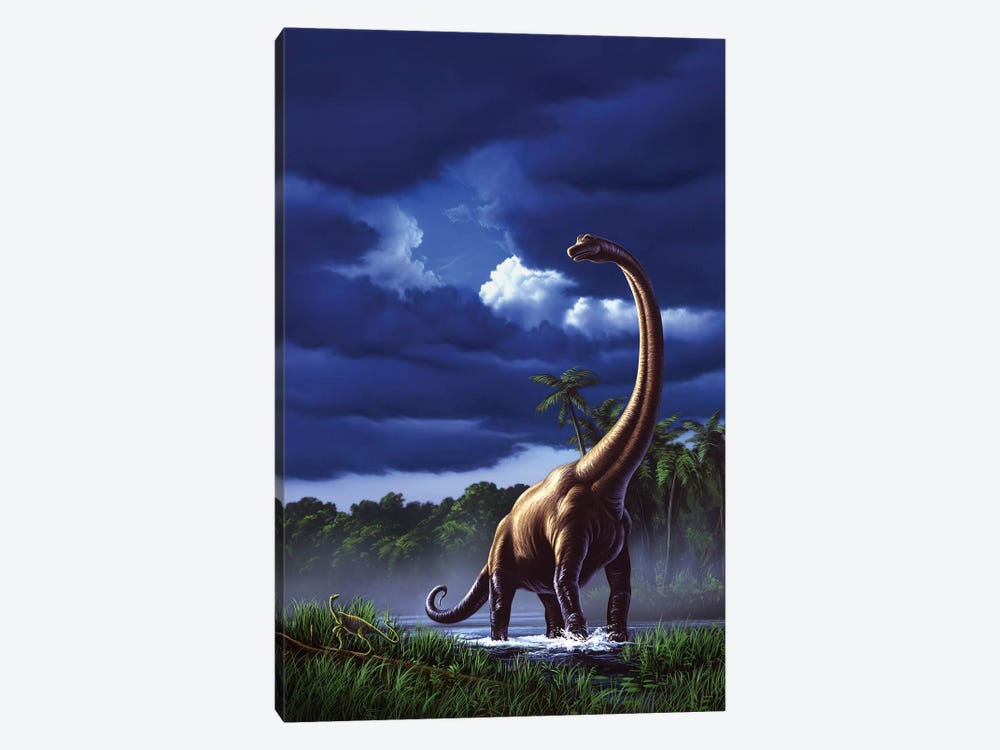 A Startled Brachiosaurus Splashes Through A Swamp Against A Stormy Sky by Jerry Lofaro 1-piece Canvas Art Print