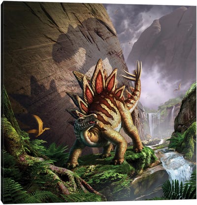 A Stegosaurus Is Surprised By An Allosaurus While Feeding In A Lush Gorge Canvas Art Print - Jerry Lofaro