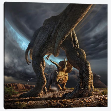 A Tyrannosaurus Rex And Triceratops In A Classic Face Off Canvas Print #TRK2635} by Jerry Lofaro Canvas Wall Art
