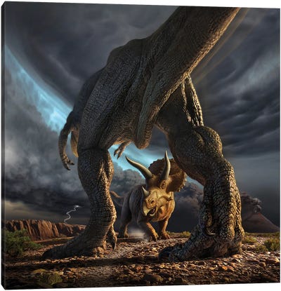 A Tyrannosaurus Rex And Triceratops In A Classic Face Off Canvas Art Print