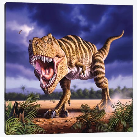 A Tyrannosaurus Rex Attacks, Lit By The Late Afternoon Sun Canvas Print #TRK2636} by Jerry Lofaro Canvas Wall Art