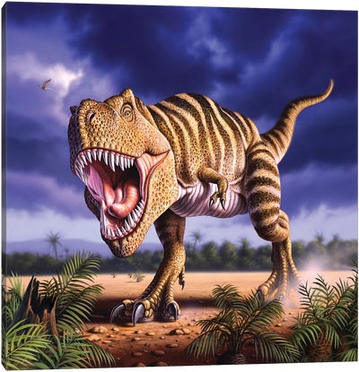 A Tyrannosaurus Rex Attacks, Lit By The Late Afternoon Sun Canvas Art Print - Jerry Lofaro