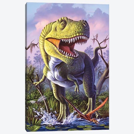 A Tyrannosaurus Rex Crashes Through A Swamp Canvas Print #TRK2637} by Jerry Lofaro Canvas Art