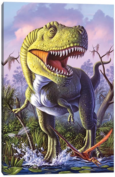 A Tyrannosaurus Rex Crashes Through A Swamp Canvas Art Print - Jerry Lofaro