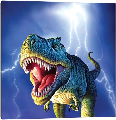 A Tyrannosaurus Rex With A Blue Stormy Sky And Lightning Behind It Canvas Art Print