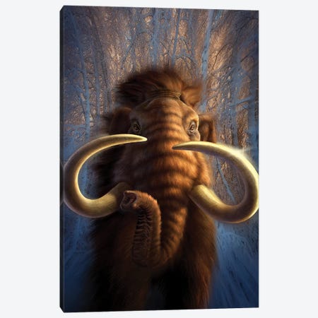 A Woolly Mammoth Bursting Out Of A Snowy, Wooded Backdrop Canvas Print #TRK2639} by Jerry Lofaro Canvas Art Print