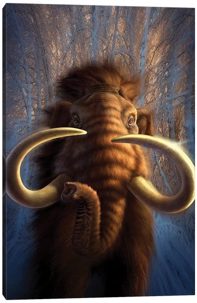 A Woolly Mammoth Bursting Out Of A Snowy, Wooded Backdrop Canvas Art Print