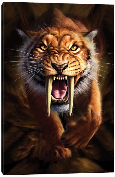 Full On View Of A Saber-Toothed Tiger Canvas Art Print - Sabertooth Tiger Art
