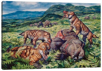A Group Of Carnivorous Cynognathus Prey On A Placerias Dicynodont Canvas Art Print