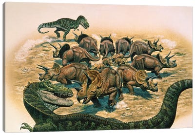A Herd Of Triceratops Defend Their Territory Against A Pair Of Tyrannosaurus Rex Canvas Art Print - Prehistoric Animal Art