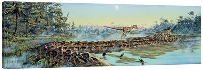 A Pair Of Allosaurus Dinosaurs Explore The Remains Of A Diplodocus Carcass Canvas Art Print