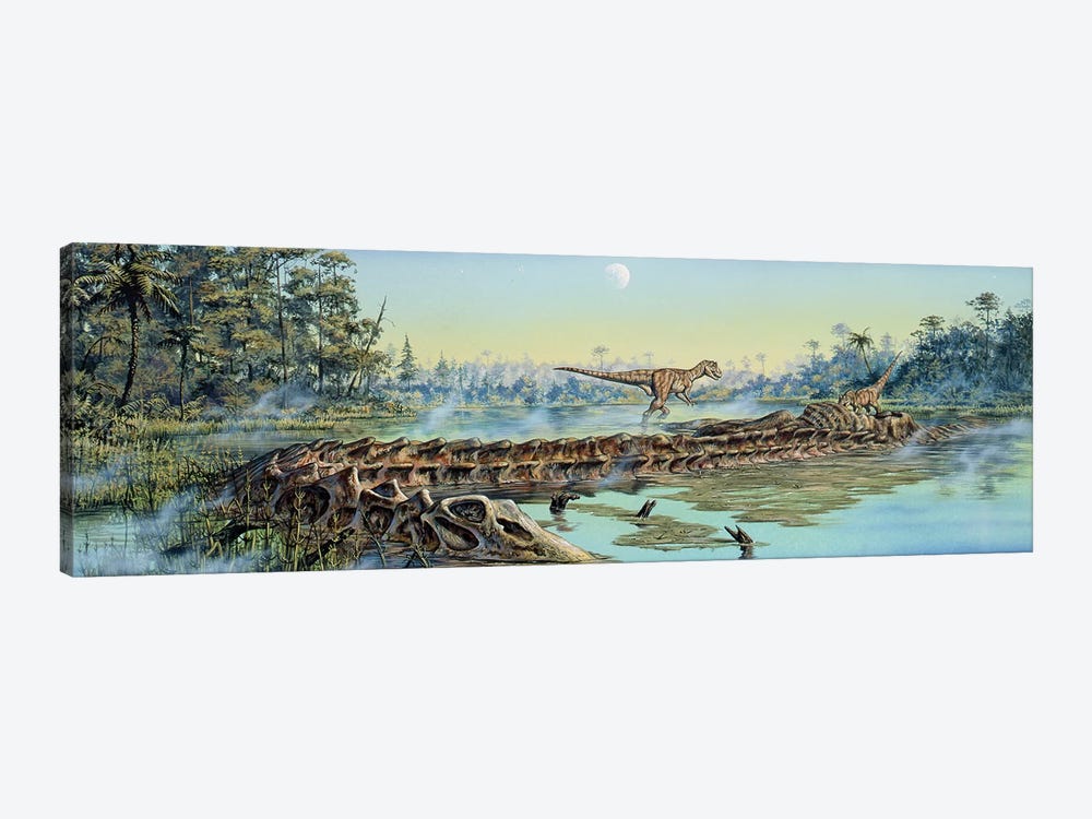 A Pair Of Allosaurus Dinosaurs Explore The Remains Of A Diplodocus Carcass by Mark Hallett 1-piece Art Print