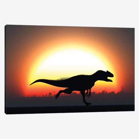 A Silhouetted Allosaurus Sprinting Against A Setting Sun At The End Of A Jurassic Day Canvas Print #TRK2683} by Mark Stevenson Canvas Wall Art