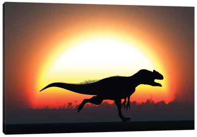 A Silhouetted Allosaurus Sprinting Against A Setting Sun At The End Of A Jurassic Day Canvas Art Print