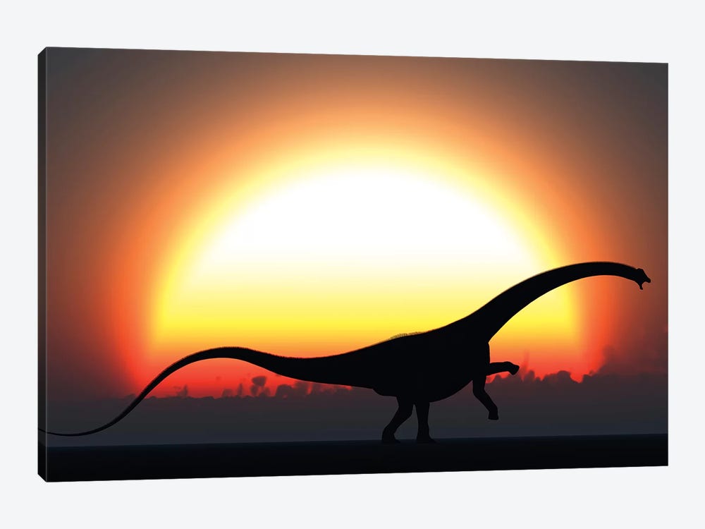 A Silhouetted Diplodocus Dinosaur Takes At The Start Of A Prehistoric Day 1-piece Canvas Art Print