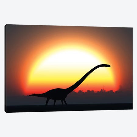 A Silhouetted Omeisaurus Walks Pass The Rising Sun At The Start Of A New Day Canvas Print #TRK2685} by Mark Stevenson Art Print