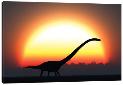 A Silhouetted Omeisaurus Walks Pass The Rising Sun At The Start Of A New Day Canvas Art Print
