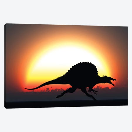 A Silhouetted Spinosaurus Sprinting Against A Setting Sun At The End Of A Jurassic Day Canvas Print #TRK2686} by Mark Stevenson Canvas Art Print