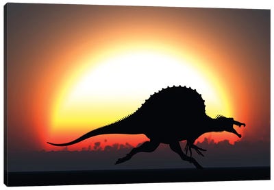 A Silhouetted Spinosaurus Sprinting Against A Setting Sun At The End Of A Jurassic Day Canvas Art Print