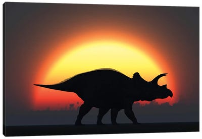 A Silhouetted Triceratops Strolling Past A Setting Sun At The End Of A Prehistoric Day Canvas Art Print