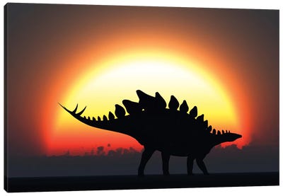A Stegosaurus Silhouetted Against The Setting Sun At The End Of A Prehistoric Day Canvas Art Print