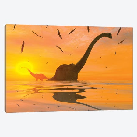 Diplodocus Dinosaurs Bathe In A Large Body Of Water Canvas Print #TRK2689} by Mark Stevenson Canvas Artwork
