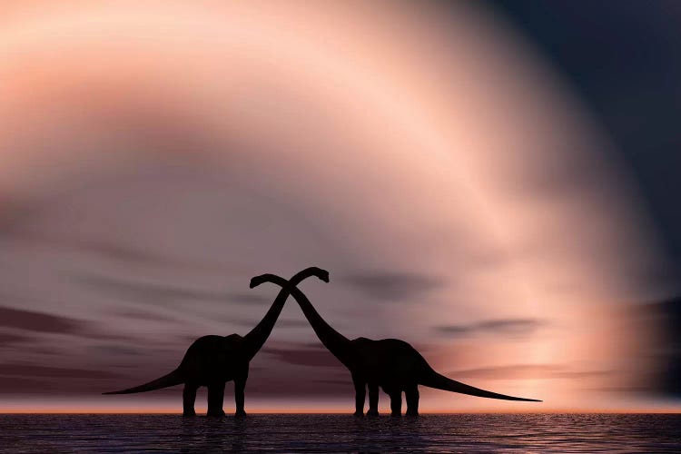 The Silhouetted Forms Of A Pair Of Courting Sauropod Dinosaurs