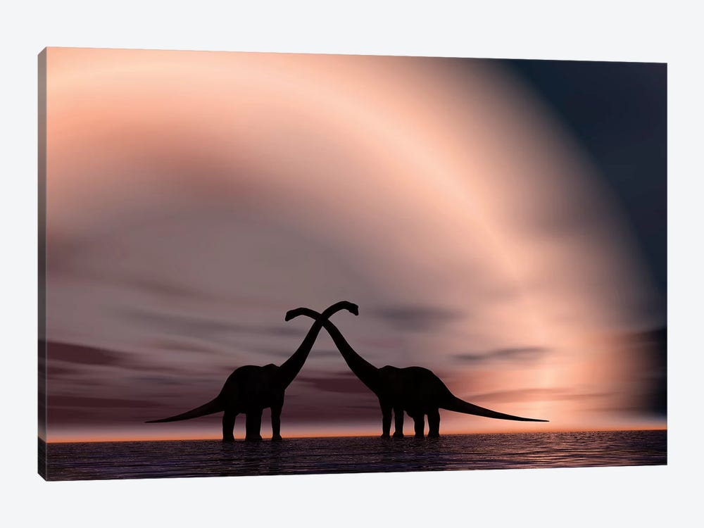 The Silhouetted Forms Of A Pair Of Courting Sauropod Dinosaurs by Mark Stevenson 1-piece Canvas Wall Art