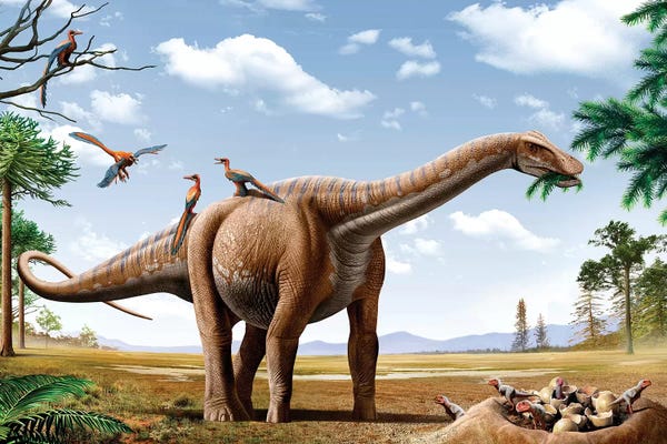 Kids Dinosaur Art: A Rapetosaurus Feeding On Leaves With Rahonavis On Its Back by Mohamad Haghani