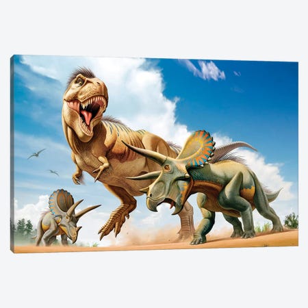 Tyrannosaurus Rex Fighting With Two Triceratops Canvas Print #TRK2697} by Mohamad Haghani Canvas Art