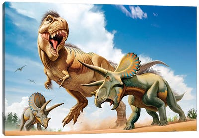 Tyrannosaurus Rex Fighting With Two Triceratops Canvas Art Print