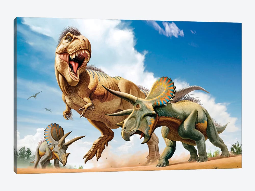Tyrannosaurus Rex Fighting With Two Triceratops by Mohamad Haghani 1-piece Canvas Print