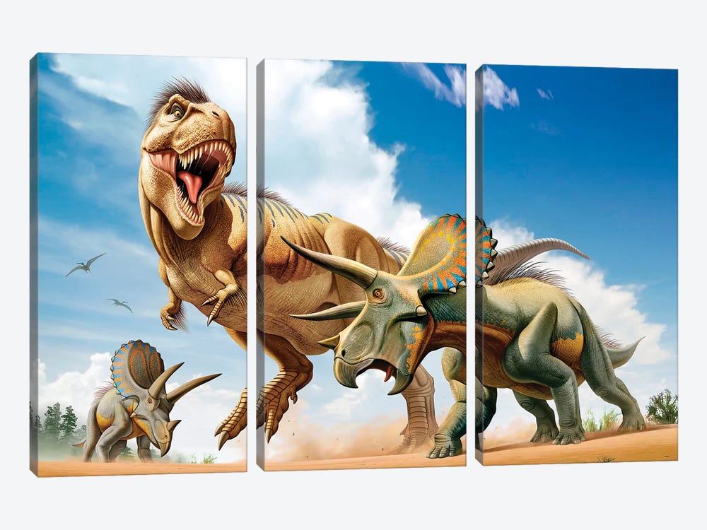Tyrannosaurus Rex Fighting With Two Triceratops by Mohamad Haghani 3-piece Canvas Print