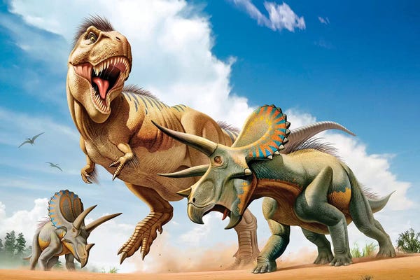 Prehistoric Animals: Tyrannosaurus Rex Fighting With Two Triceratops by Mohamad Haghani