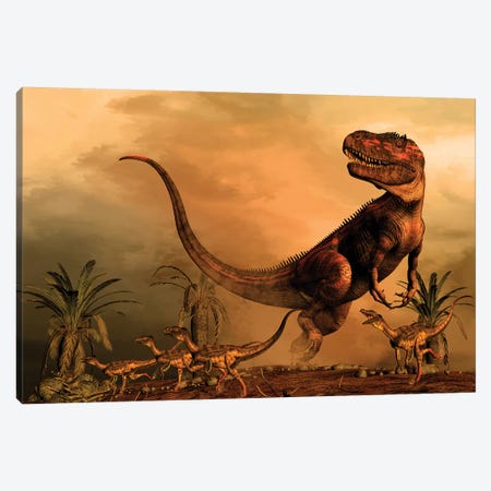 A Torvosaurus On The Prowl While A Group Of Ornitholestes Flee A Hasty Retreat Canvas Print #TRK2718} by Philip Brownlow Canvas Art
