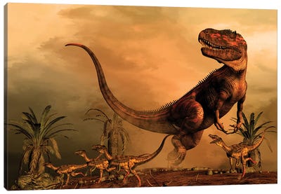 A Torvosaurus On The Prowl While A Group Of Ornitholestes Flee A Hasty Retreat Canvas Art Print