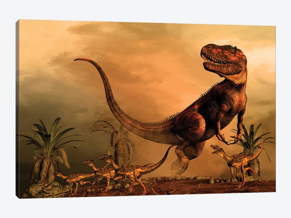 A Torvosaurus On The Prowl While A Group Of Ornitholestes Flee A Hasty Retreat 1-piece Canvas Print
