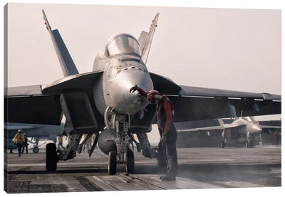 An F/A-18E Super Hornet Is Guided Into Catapult Aboard USS George H.W. Bush Canvas Art Print