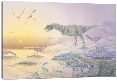 A Late Cretaceous dinosaur scene in watercolor and acrylic paint. Canvas Art Print