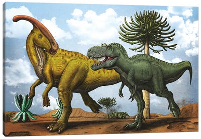 Gorgosaurus dinosaur chasing after a Parasaurolophus. Canvas Art Print