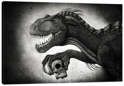 Indoraptor dinosaur grasping a skull with its talon. Canvas Art Print
