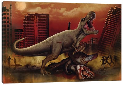 T-rex defeating a Spinosaurus dinosaur in battle. Canvas Art Print - Dinosaur Art