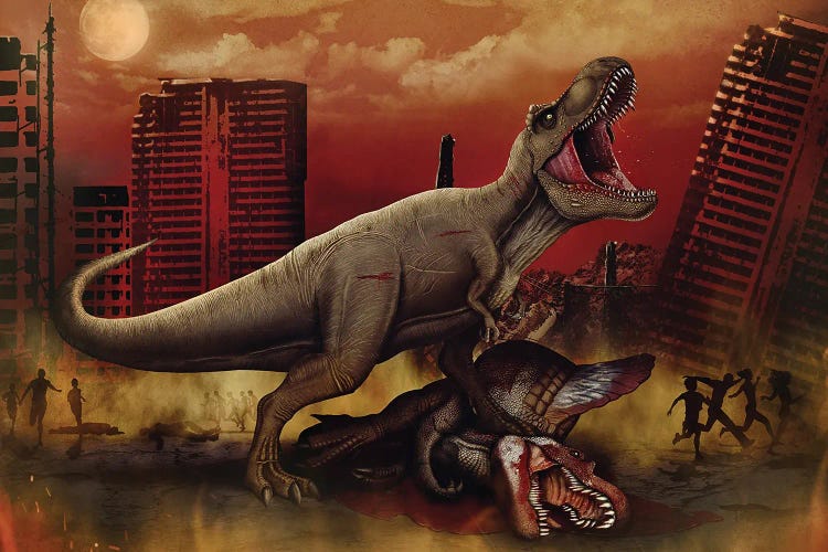 T-rex defeating a Spinosaurus dinosaur in battle.