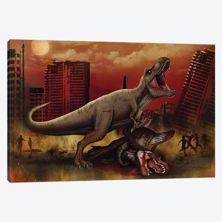 T-rex defeating a Spinosaurus dinosaur in battle. Canvas Print #TRK2838} by Aram Papazyan Canvas Print
