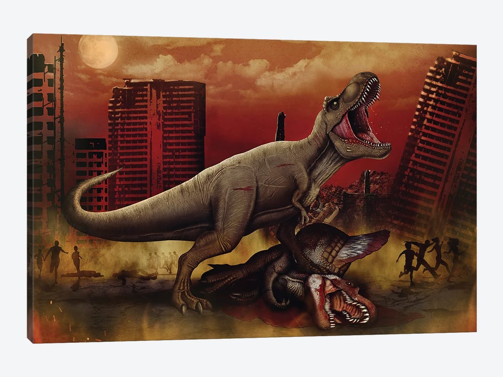 T-rex defeating a Spinosaurus dinosaur in battle. by Aram Papazyan 1-piece Art Print