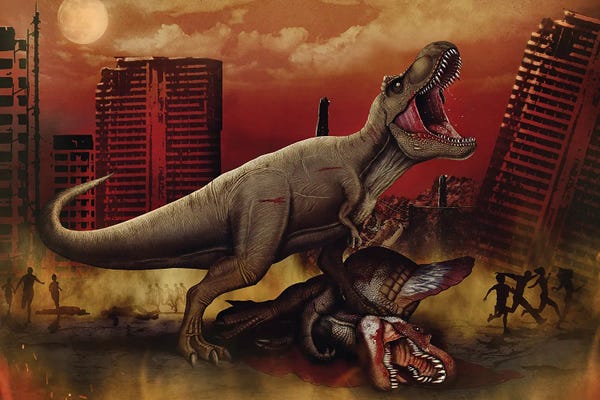 Kids Dinosaur Art: T-rex defeating a Spinosaurus dinosaur in battle. by Aram Papazyan