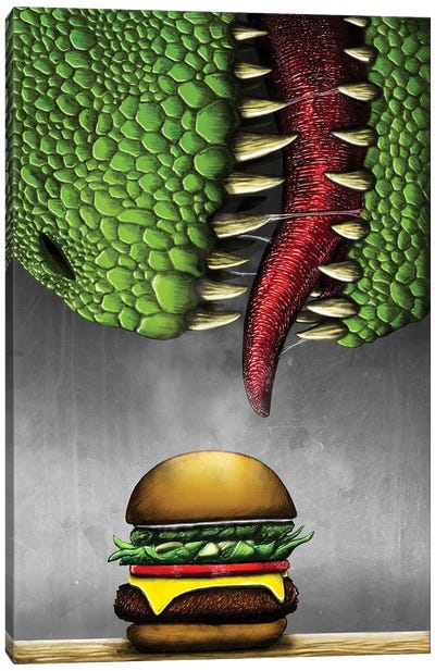 T-rex with cheeseburger. Canvas Art Print - Tyrannosaurus Rex Art