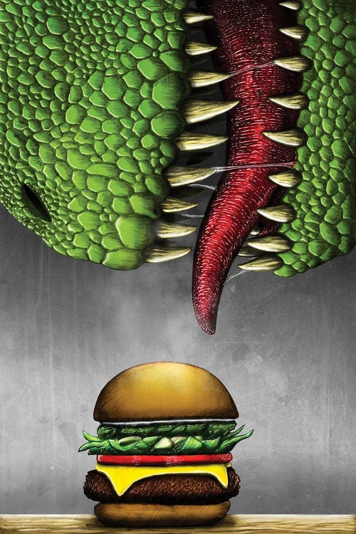 T-rex with cheeseburger. by Aram Papazyan wall art