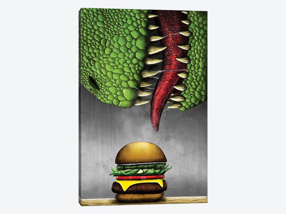 T-rex with cheeseburger. by Aram Papazyan 1-piece Canvas Artwork