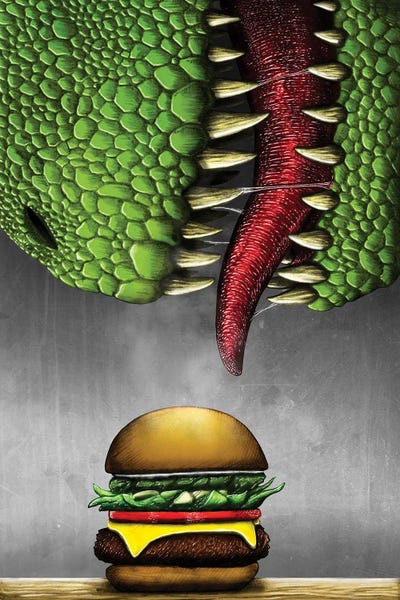 Kids Dinosaur Art: T-rex with cheeseburger. by Aram Papazyan